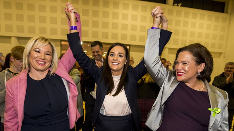 Sinn F&eacute;in President Mary Lou McDonald (right) and leader in the north Michelle O'Neill raise the arms of Orfhlaith Begley as the newly elected MP for West Tyrone pictured at the Omagh Leisure Complex &nbsp;