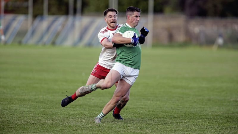Cargin and Lamh Dhearg in action during last season&#39;s county final at Corrigan Park. Lamh Dhearg&#39;s Antrim SFC opener with St John&#39;s will be streamed &#39;live&#39; free of charge this Sunday Picture: Seamus Loughran. 