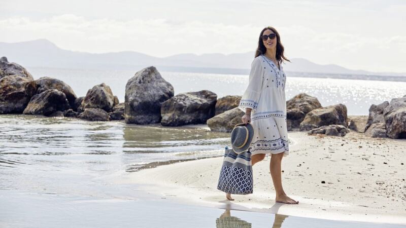 FatFace Libby Embroidered Dress in White, &pound;75; Tiana Textured Beach Bag, &pound;35; Trilby, &pound;20 (was &pound;25); Tiana Textured Beach Bag, &pound;35, available from FatFace 