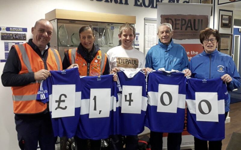 St John&rsquo;s, Belfast showed their true colours when they handed over &pound;1,400 raised at their recent St Stephens Day walk to DePaul charity for the homeless. Once again their partnership with Parcel Force proved worthwhile when they doubled part of the funds. Pictured are Paul Morgan and Eileen Fitzsimmons (Parcel Force), Philip Kee (DePaul), Gerry McCann (St John&rsquo;s chairman) and healthy club officer Maria Gough 