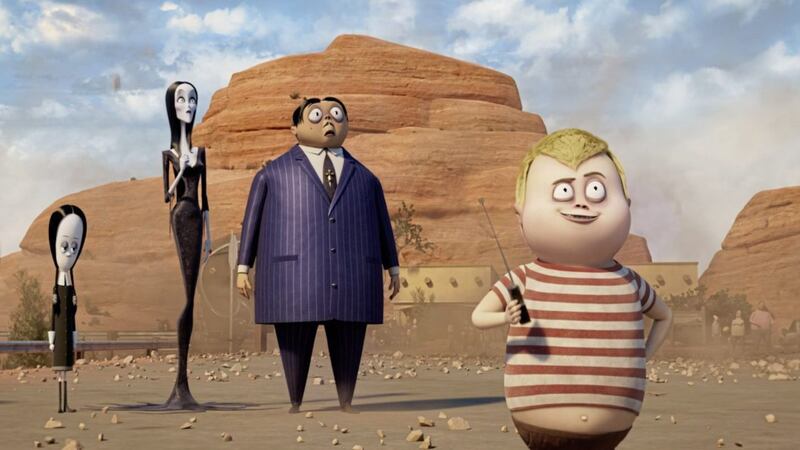 The Addams Family 2 struggles to serve up laughs. Pictured: Wednesday Addams (voiced by Chloe Grace Moretz), Morticia Addams (Charlize Theron), Gomez Addams (Oscar Isaac) and Pugsley Addams (Javon Walton) 