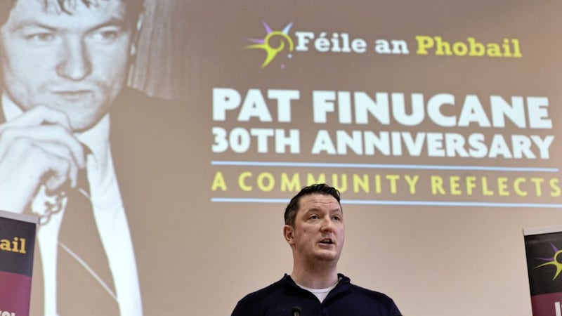 Pat Finucane&#39;s son John speaks at St Mary&#39;s University College Belfast on Sunday. Picture by Ann McManus 