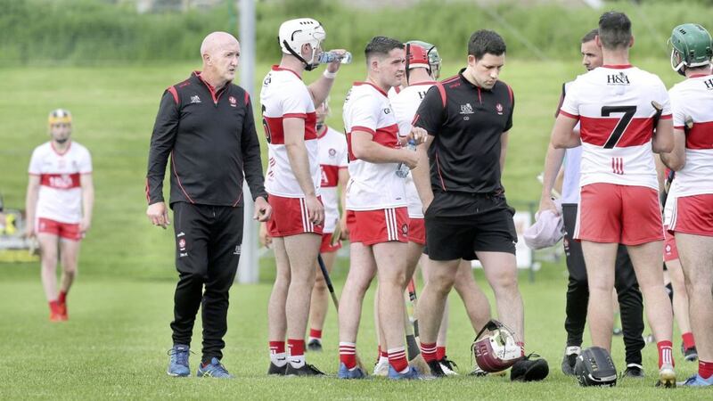 Derry hurling manager Dominic McKinley (left) says they won't take Wicklow for granted in their Christy Ring opener Picture: Margaret McLaughlin