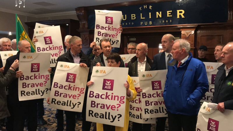 Members of the Irish Farmers' Association after storming an Allied Irish Banks meeting Ballsbridge Hotel in Dublin<br /><br />Picture by Michelle Devane/PA&nbsp;