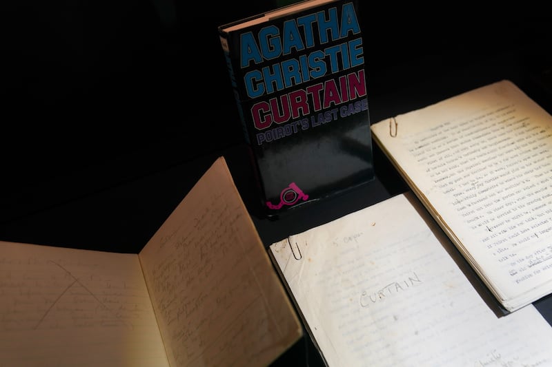 Agatha Christie’s notebook and typescript for Curtain: Poirot’s Last Case, which was kept in a bank vault for decades to avoid news of the detective’s death from leaking, on display during a preview of Murder by the Book: A Celebration of 20th Century Crime Fiction.
