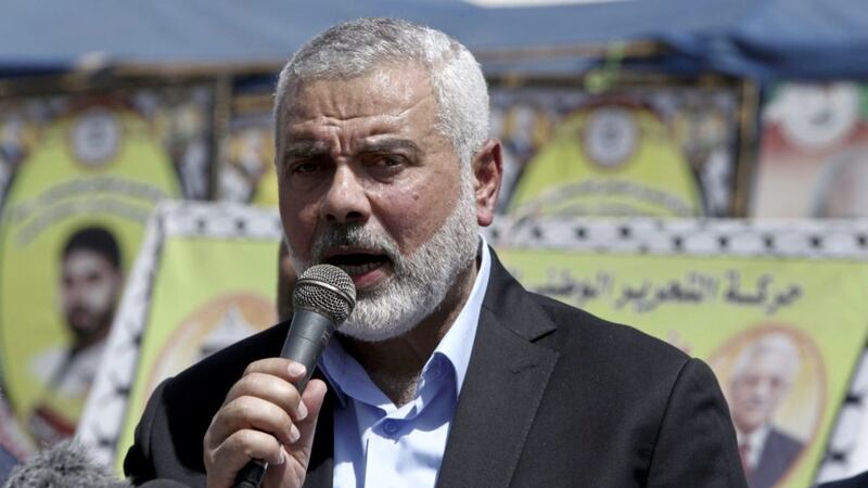 The new Hamas leader Ismail Haniyeh visits a solidarity tent for hunger-striking Palestinian prisoners held by Israel, at the main square in Gaza City Picture by Adel Hana/AP 