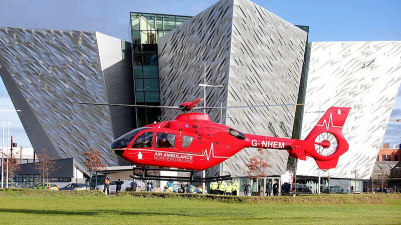 One of two helicopters which will deliver Northern Ireland's first ever Helicopter Emergency Medical Service, outside Titanic Belfast last year&nbsp;