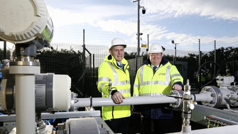 Paddy Larkin (left) of Mutual Energy and Danny O&#39;Malley announce the completion of the gas pipeline from Maydown to Strabane - and since then the first gas customers have been connected 