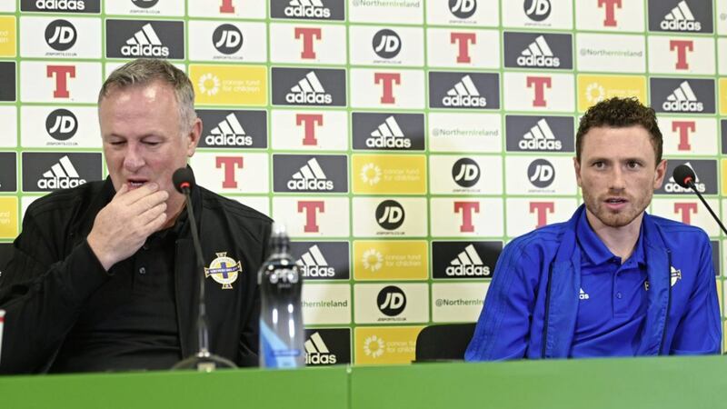 Northern Ireland manager Michael O'Neill and stand-in captain Corry Evans ahead of tonight's game against Luxembourg.<br /> Pic Colm Lenaghan/Pacemaker