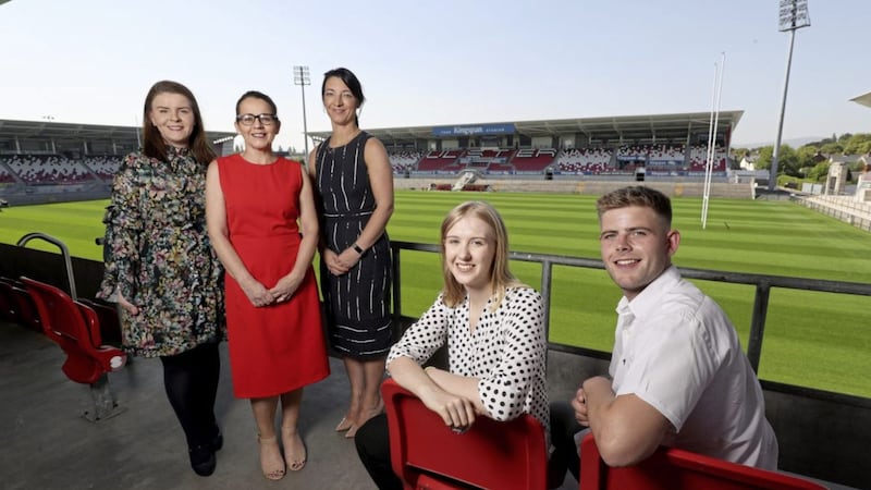Welcoming the latest intake of apprentices in an event at the Kingspan Stadium are: Sinead Fox-Hamilton, associated director at McKinty Associates; Jackie Henry, senior partner, Deloitte; Judith Wylie, Ulster University and BrightStart apprentices Alison Chambers and Gavin McKee. 