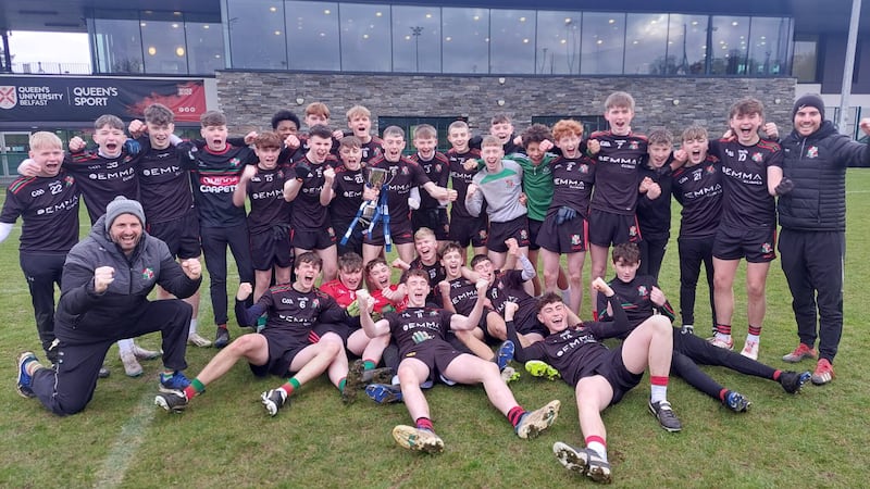 St Joseph’s, Newry celebrate their win in the Danske Bank Pat King Cup final