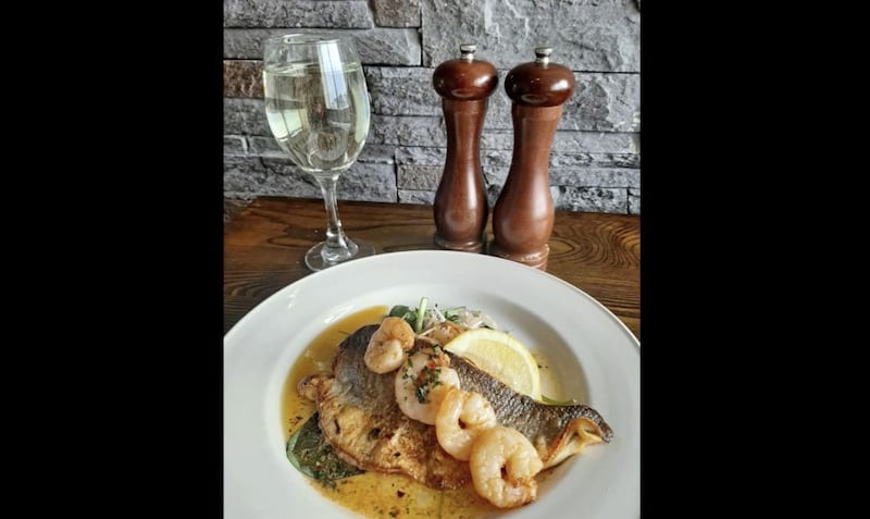 Duo of seabass and prawns at Stoop Your Head in Skerries 