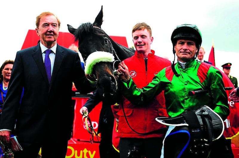 &nbsp;Dermot Weld and Pat Smullen are pictured with Harzand after he added the Irish Derby at the Curragh to victory in the English equivalent at Epsom at the start of June