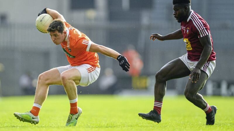 Patrick Burns of Armagh in action against Boidu Sayeh of Westmeath in the All-Ireland series. Burns talks hamstrings, quizzes, life and religion 