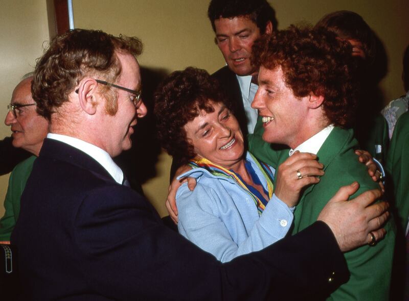 4 August 1980: Olympic Flyweight bronze medallist Hugh Russell is greeted by his mum Eileen and dad Hugh at the Irish Olympic team homecoming in Dublin Airport from the 1980 Summer Olympics held in Moscow. Picture by Ray McManus/Sportsfile