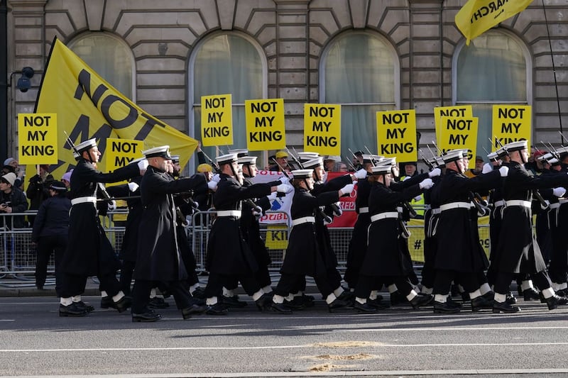 Anti-monarchy pressure group Republic protests outside the Palace of Westminster in London during the State Opening of Parliament in the House of Lords 