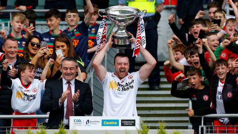 Tyrone captain Conor Grogan lifts the Nickey Rackard Cup after their win over Roscommon in the final at Croke Park on Saturday<br />Picture: Philip Walsh&nbsp;
