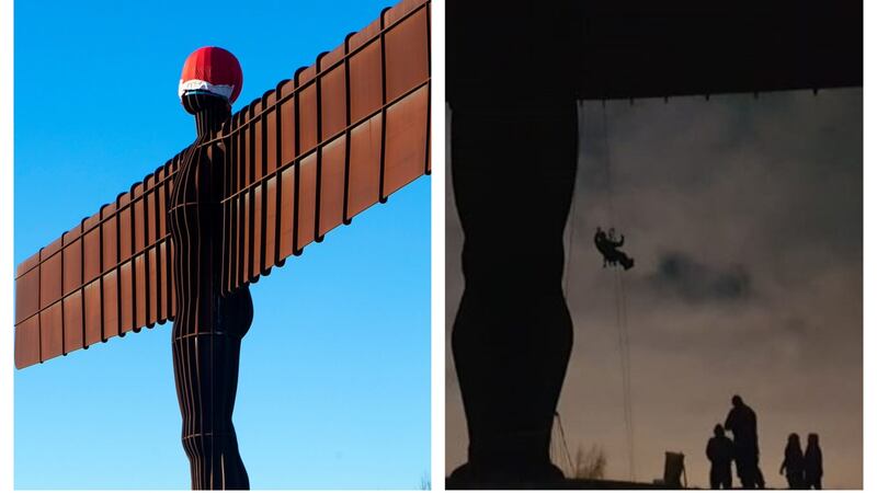 It took 10 people to place the festive hat on top of the 65ft sculpture outside Gateshead.