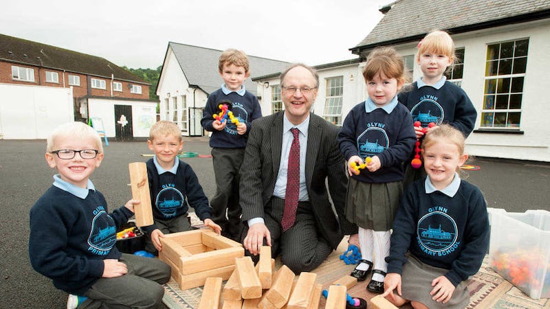 Education minister Peter Weir visits Glynn Primary School in Larne yesterday 
