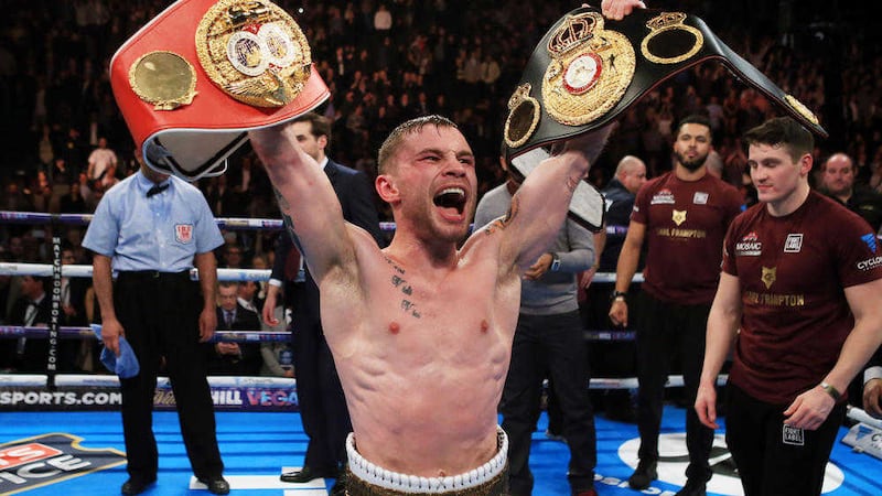 Carl Frampton celebrates beating Scott Quigg in their IBF &amp; WBA World Super-Bantamweight Championship bout at Manchester Arena. Picture by Nick Potts/PA Wire.