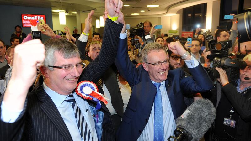UPHEAVAL: Ulster Unionist Tom Elliott with party leader Mike Nesbitt after his victory over Sinn F&eacute;in&rsquo;s Michelle Gildernew, main picture, in Fermanagh and South Tyrone on Thursday night  Pictures: Declan Roughan (inset) and Photopress 