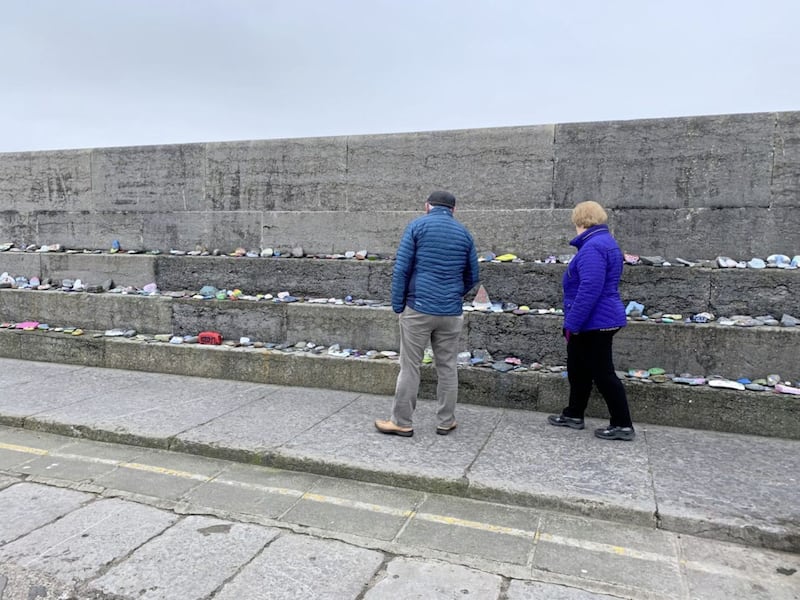 Thousands of hand painted pebbles of love,hope and Thanks are put around the harbour at Donaghadeeduring the year of the Covid 19 Pandemic.Picture by Hugh Russell. 