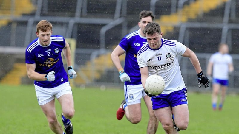 Dermot Malone shows Cavan&#39;s Niall Murray and Jason McLoughlin a clean pair of heels in Monaghan&#39;s Division One win over Cavan. Pic Philip Walsh. 
