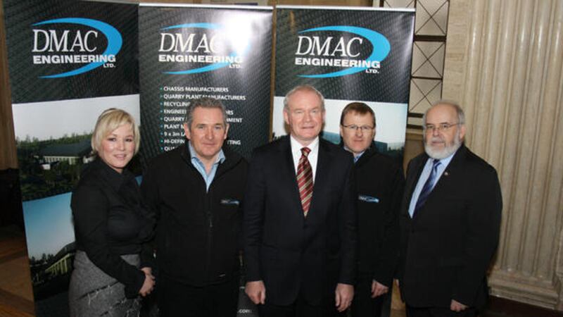 Sinn F&eacute;in&#39;s Michelle O&#39;Neill, Martin McGuinness and Francie Molloy with Dmac&#39;s Declan McShane and Daniel McCusker at a publicity photo call at Stormont in 2013 