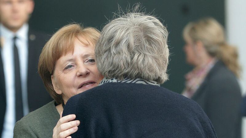 German Chancellor Angela Merkel, left, welcomes British Prime Minister Theresa May prior to a meeting at the chancellery in Berlin, Germany, Tuesday, April 9, 2019&nbsp;