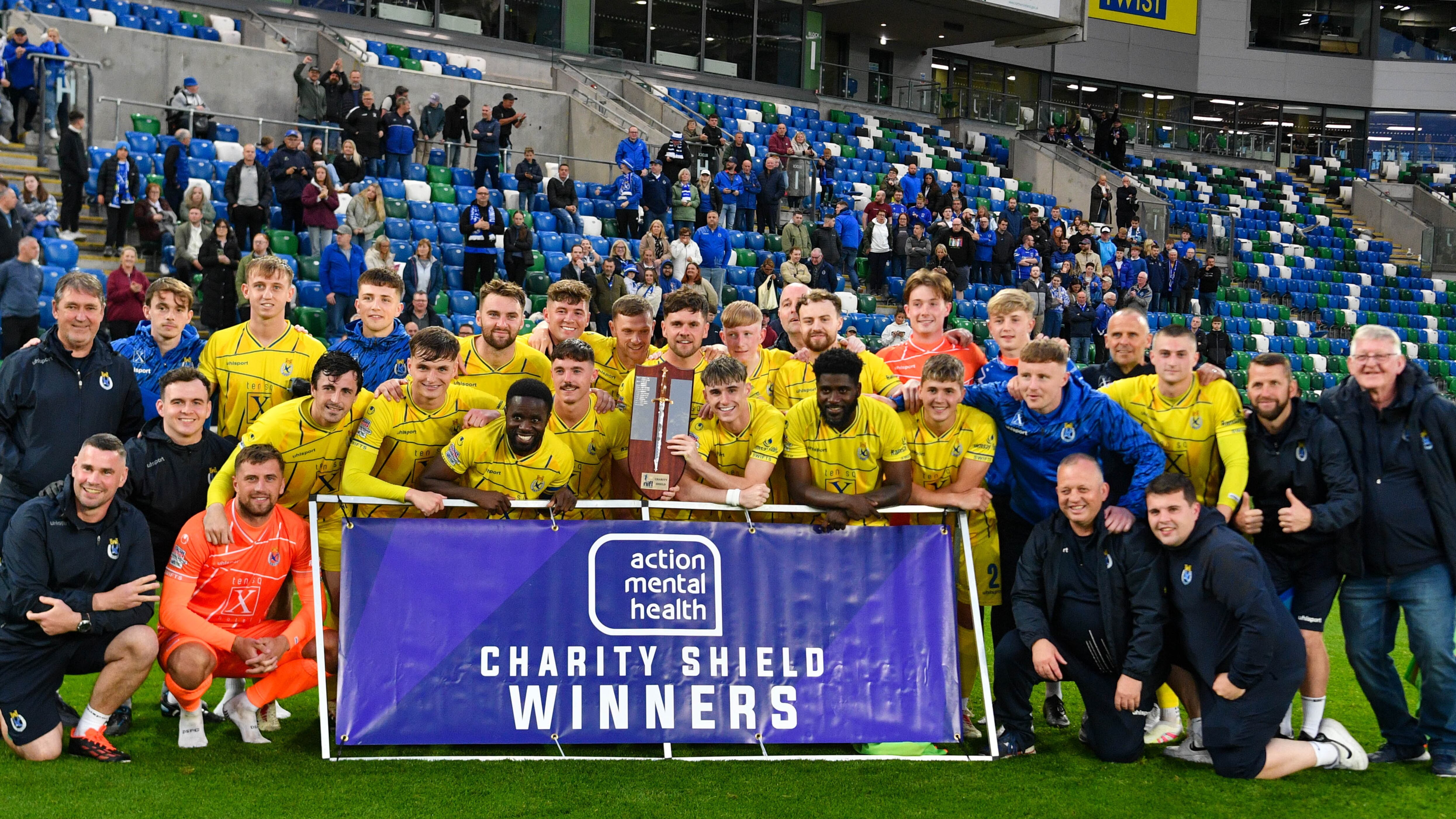 PACEMAKER PRESS BELFAST 29-06-2025
NIFL Charity Shield
In partnership with Action Mental Health
Linfield v Dungannon Swifts
Gael Bigirimana of Dungannon Swifts lifts the Action Mental Health Charity Shield during this Evening’s match at NFS @ Windsor Park.
Photo - Andrew McCarroll/ Pacemaker Press