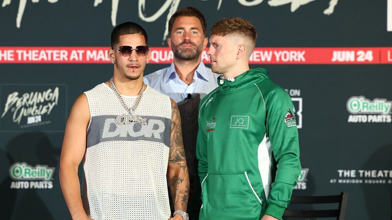 Edgar Berlanga and Jason Quigley pose after the final press conference at the Theater at Madison Square Garden. Picture: Ed Mulholland/Matchroom.