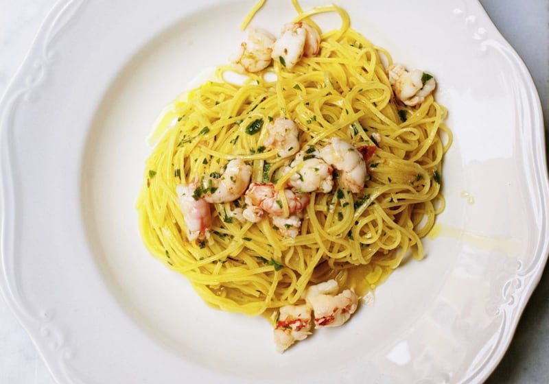 Fresh capelli d&#39;angelo with prawns and lemon from An A-Z of Pasta: Stories, Shapes, Sauces by Rachel Roddy 