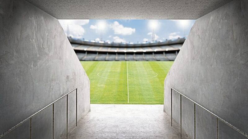 3d rendering tunnel in stadium with green field 