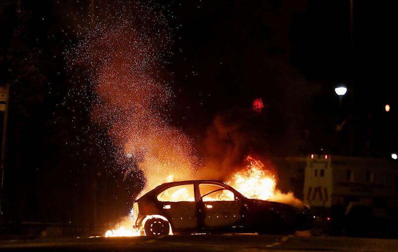 A car on fire in the North Queen Street area of Belfast last night <br />&nbsp;