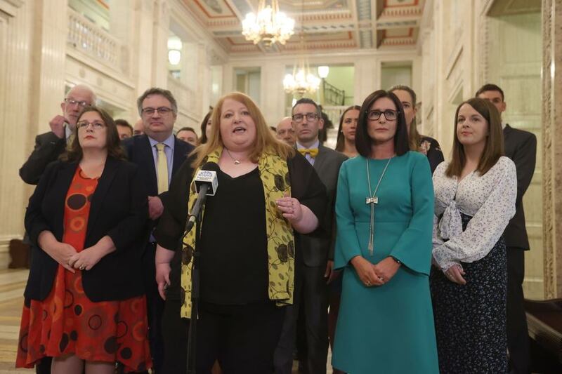 &nbsp;Alliance Party leader Naomi Long with her party's newly elected MLAs in the Great Hall of Parliament Buildings at Stormont