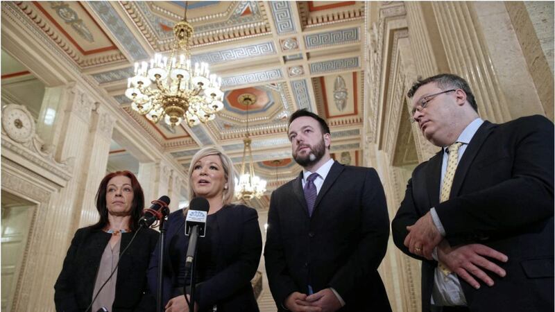The four pro-remain parties - Claire Bailey, Michelle O&#39;Neill, Colum Eastwood and Stephen Farry - pictured at Stormont after earlier talks. Picture by Hugh Russell 