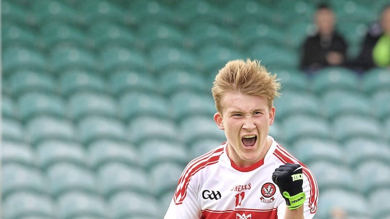 Derry&#39;s Richie Mullan celebrates his goal against Sligo during the All-Ireland Minor Football Championship quarter-final match at Ballybofey in August. Picture by Margaret McLaughlin. 