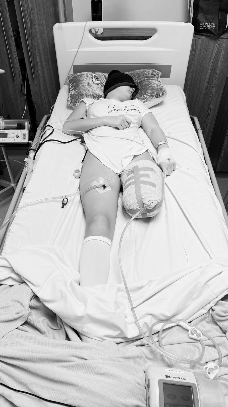 Teenage girl who had her left leg amputated above the knee after a bone cancer diagnosis.
