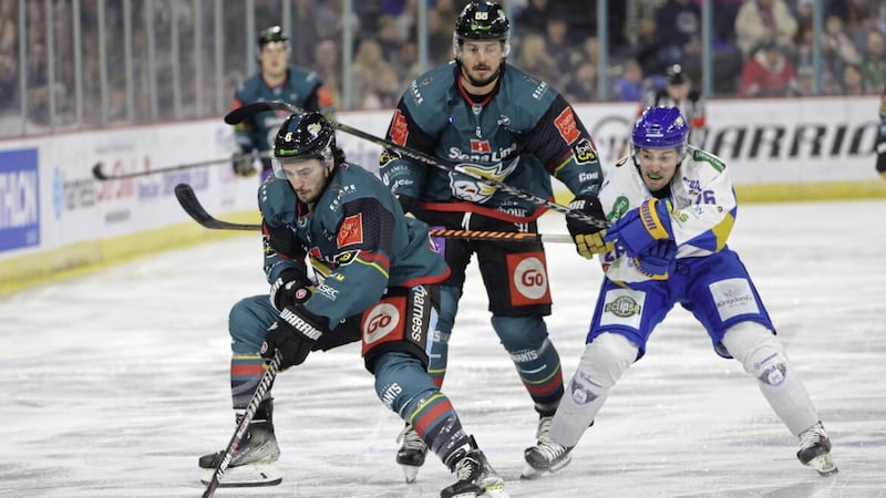 Belfast Giants&#39; Jeff Baum with Fife Flyers&#39; Liam Blackburn during Thursday&#39;s Elite Ice Hockey League game at the SSE Arena, Belfast Picture: William Cherry/Presseye 