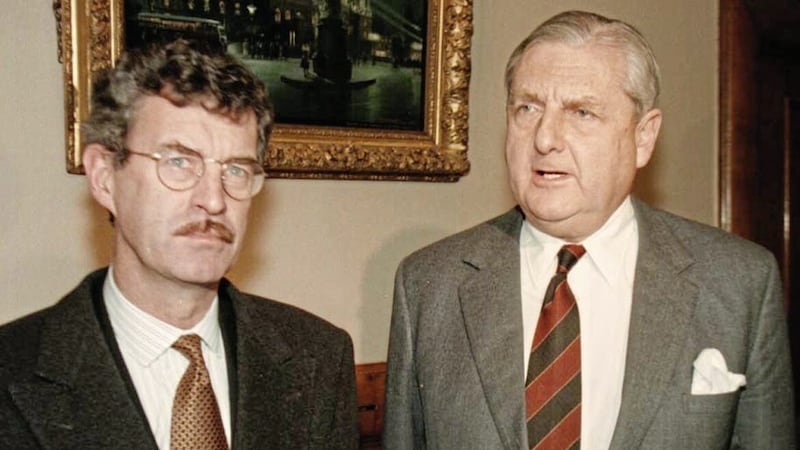 The then Tanaiste Dick Spring and Sir Patrick Mayhew, the then Secretary of State for Northern Ireland at a meeting at Stormont Castle in 1996. Picture by Brian Little/PA Wire. 