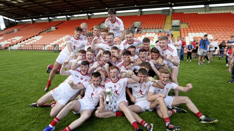 The Tyrone squad celebrate after clinching the Ulster Under 20 Football Championship title on Sunday July 14 2019 at the Athletic Grounds in Armagh. Picture by Philip Walsh 