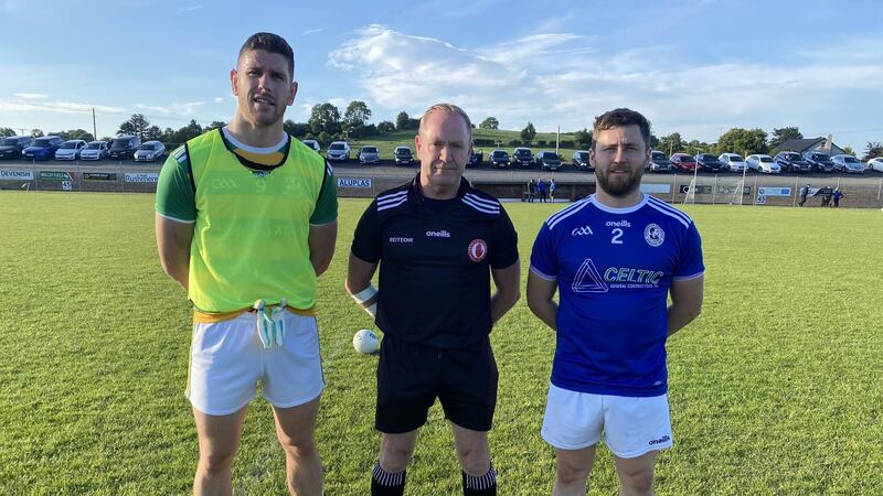 Martin McErlain (centre) pictured on Friday evening ahead of Edendork's home tie with Galbally in the Tyrone All County League. The match official carried out his duties less than 24 hours after he was injured in a stabbing incident on the field at Paddy Cullen Park in Cookstown. Image courtesy of Teamtalkmag.com  