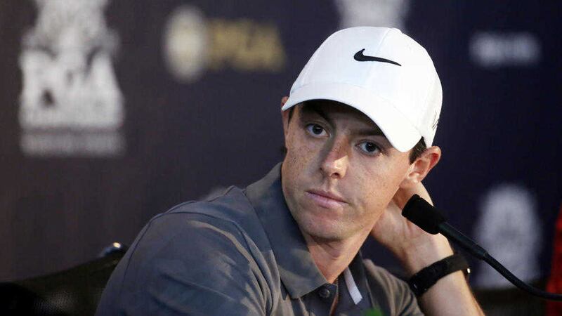 Rory McIlroy at a news conference in the United States earlier this year 