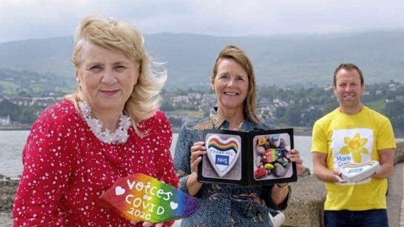 Bronagh McKeown, chairperson of the Voices of Covid Project with Patricia Trainor of PIPS Hope and Support and Gavin McGuckin of Maire Curie. Picture by Columba O&#39;Hare/Newry.ie 