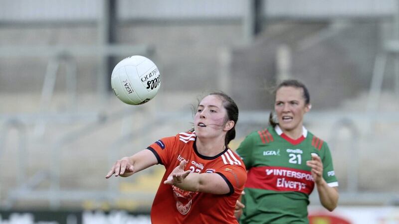 Armagh&#39;s Niamh Reel and Mayo&#39;s Tamara O&#39;Connor in action during the TG4 All-Ireland Senior Championship match between Armagh and Mayo at the BOX-IT Athletic Grounds, Armagh 			Picture: Philip Walsh 