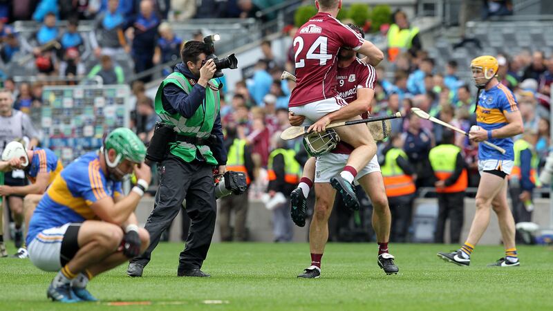 Galway's Shane Moloney and David Burke celebrate on the final whistle Picture by Philip Walsh