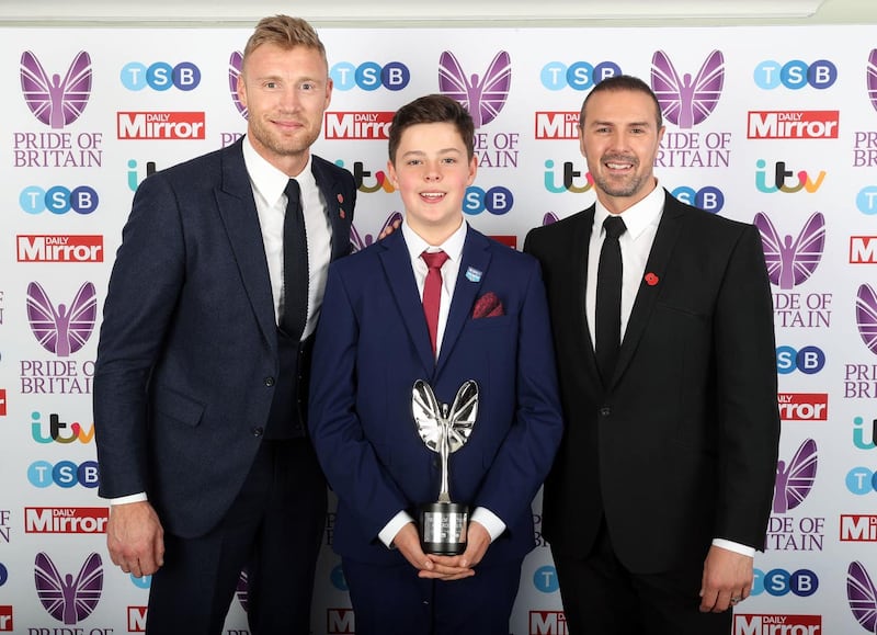 Joe Rowlands with Andrew Flintoff and Paddy McGuiness