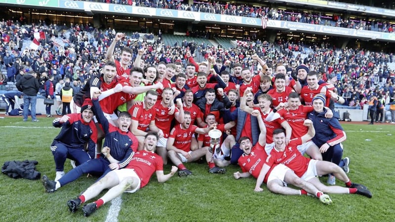 Louth players celebrate after their Allianz Football League Division Three final win over Limerick at Croke Park                   Picture: Philip Walsh. 