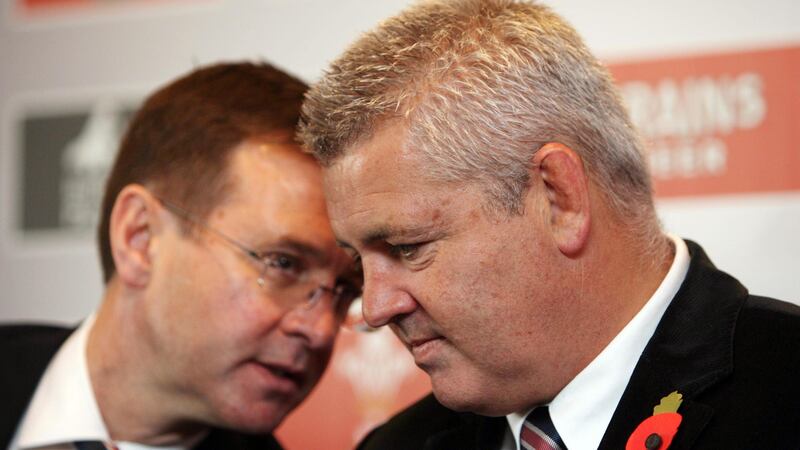 WRU chief executive Roger Lewis (left) unveils Warren Gatland as the new Wales boss (James Davies/PA)