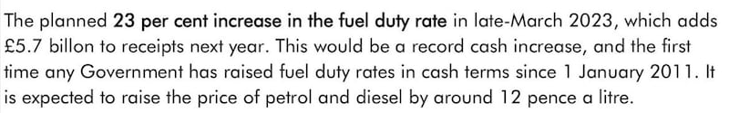 The Office of Budget Responsibility estimates next March&#39;s rise in fuel duty will add around 12p to every litre of petrol and diesel. 